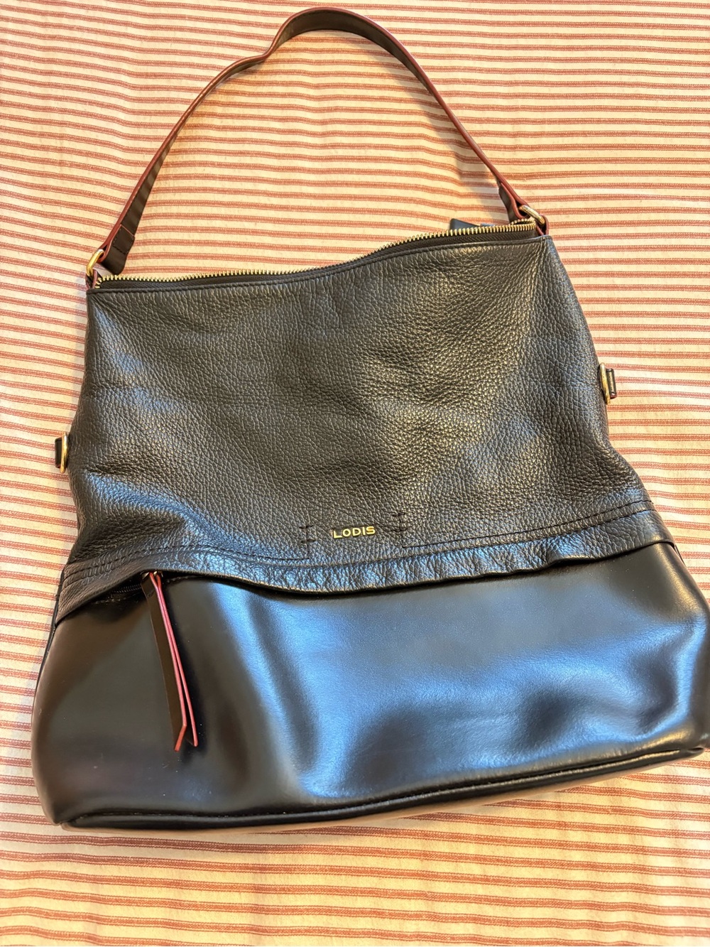 Lodis Black Two-Texture Shoulder Bag with Red Trim